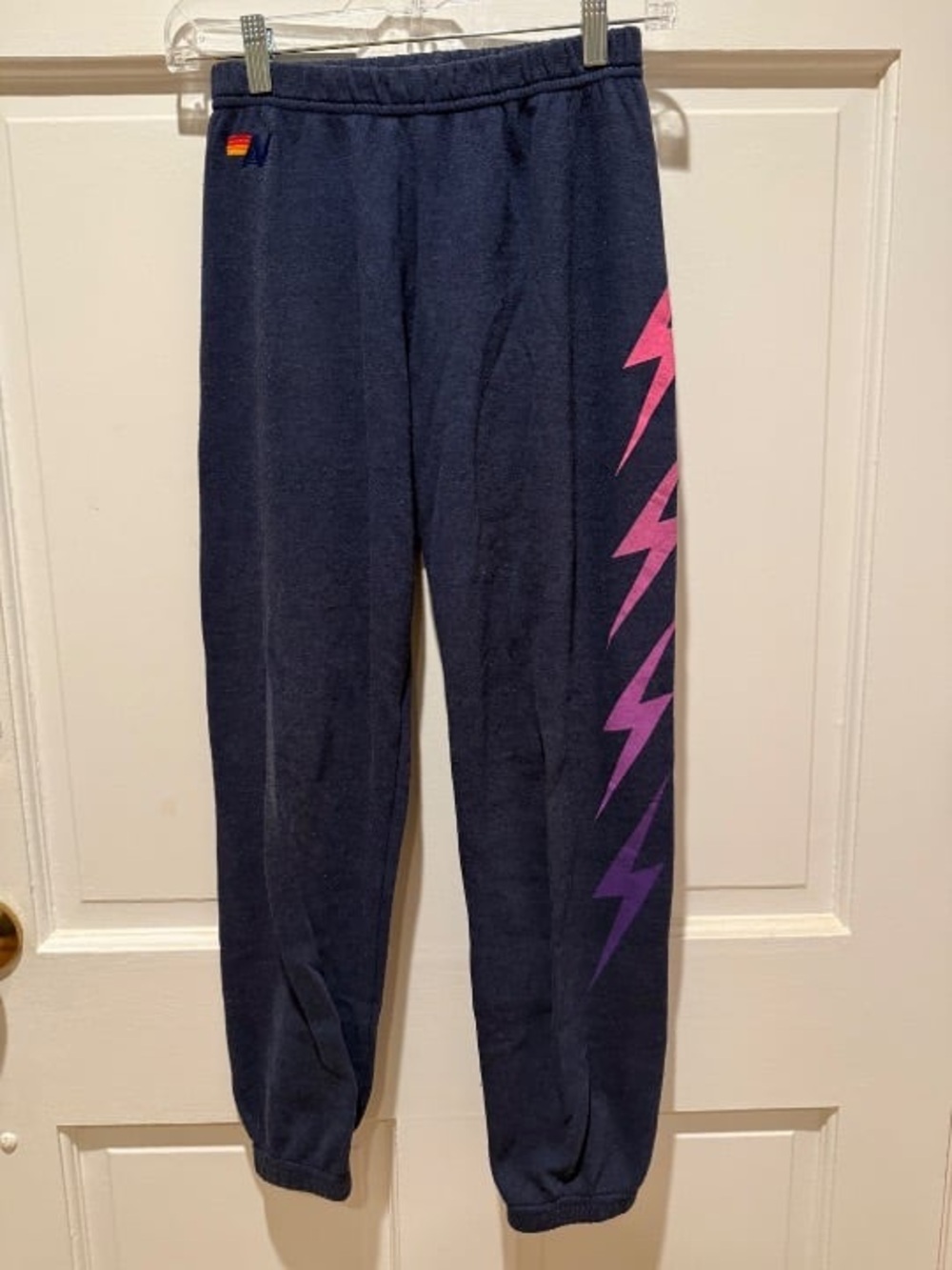 Pink-to-Purple Bolt on Navy Blue Sweatpants, Aviator Nation, Small, $89